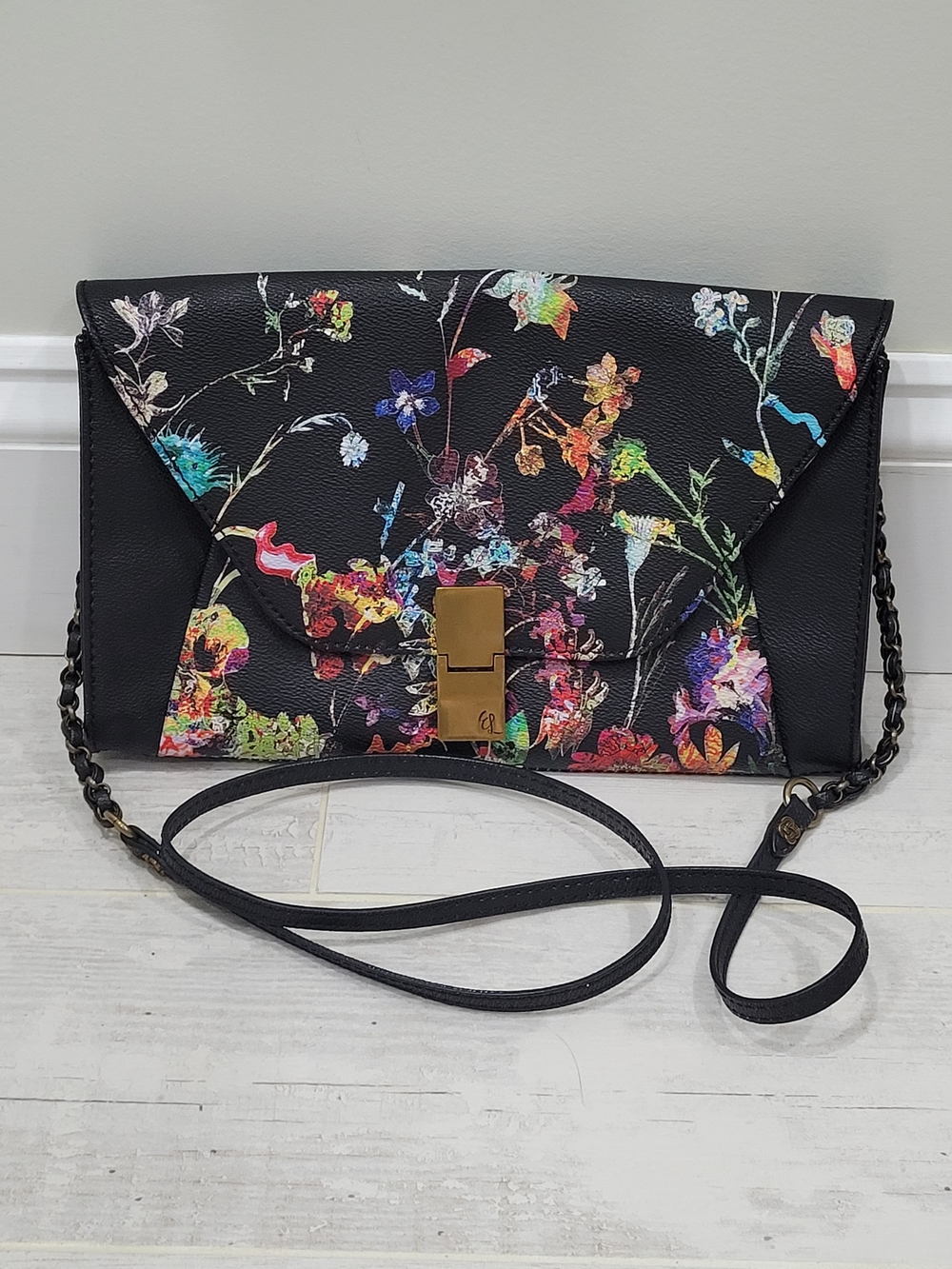 Elliott Lucca Black Floral Envelope Crossbody Clutch with Gold Lock